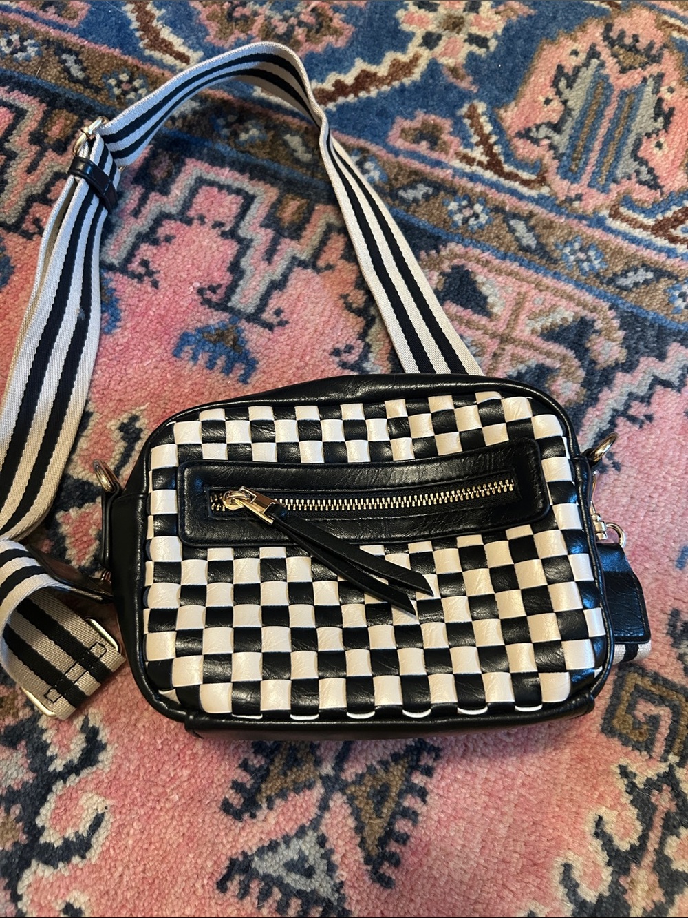 Black & White Checkered Crossbody Bag with Striped Strap